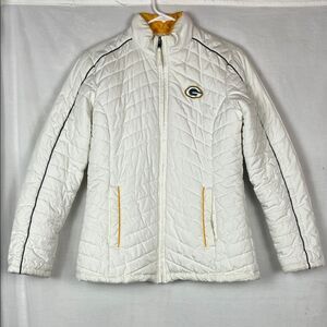 White Green Bay Packers NFL Women's Zip Up Quilted Puffer Coat
